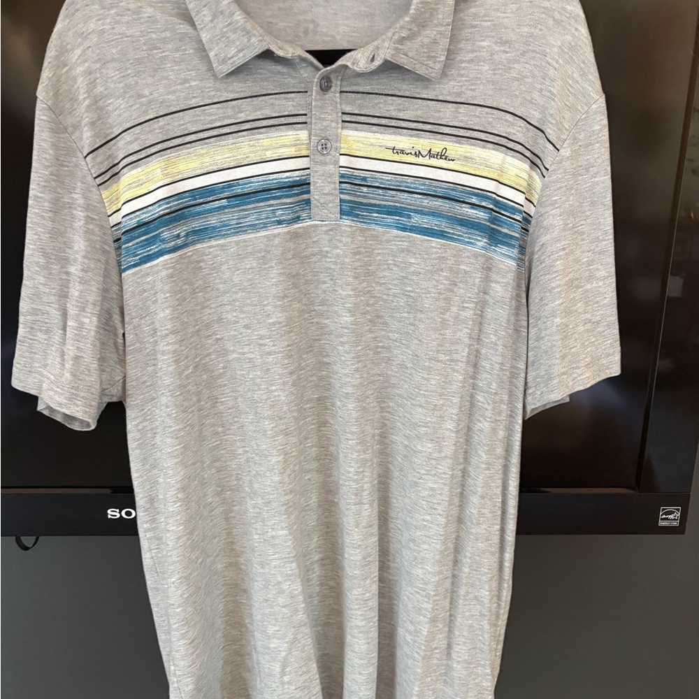 Travis Mathew Gray and Blue Polo Shirt Sporty Striped Design
